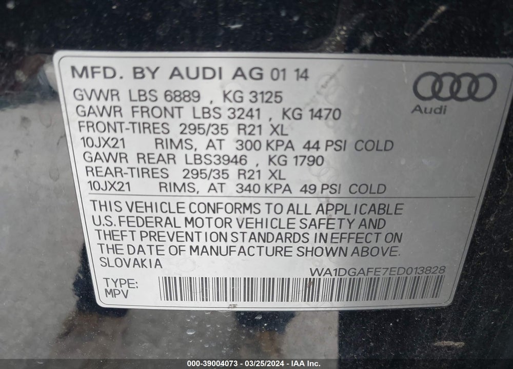 2014 AUDI Q7 3.0T S LINE PRESTIGE VIN: WA1DGAFE7ED013828