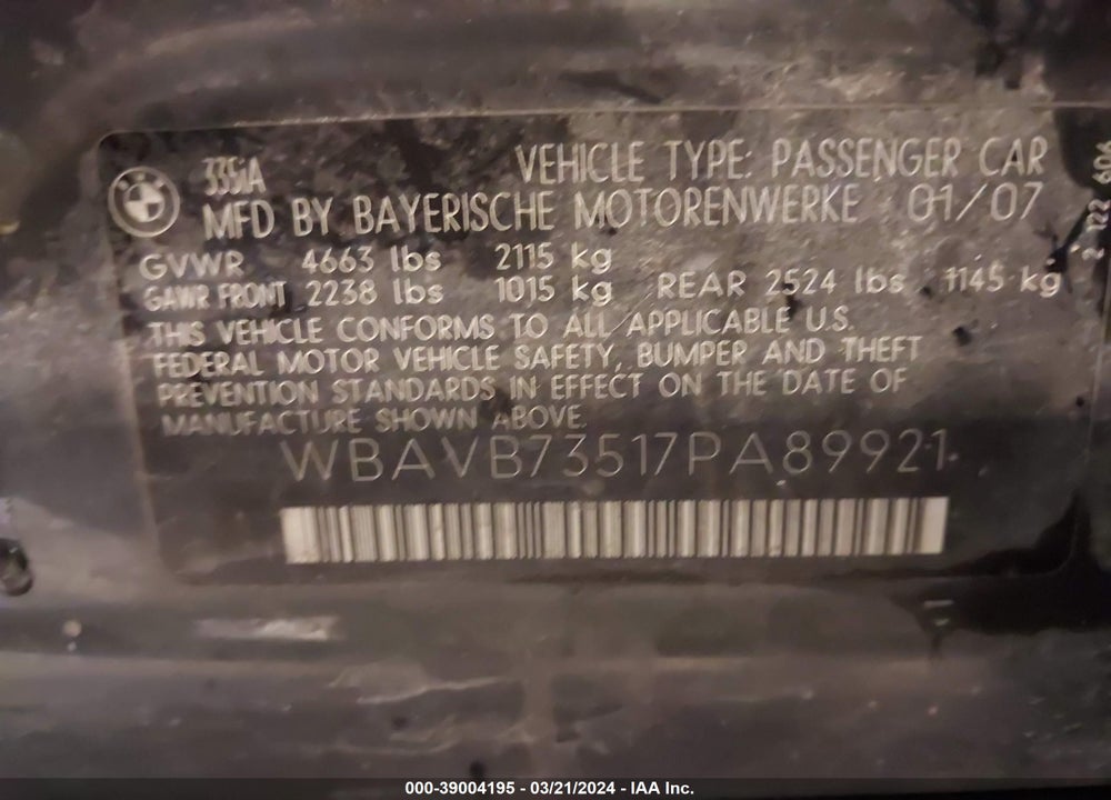 2007 BMW 335I VIN: WBAVB73517PA89921