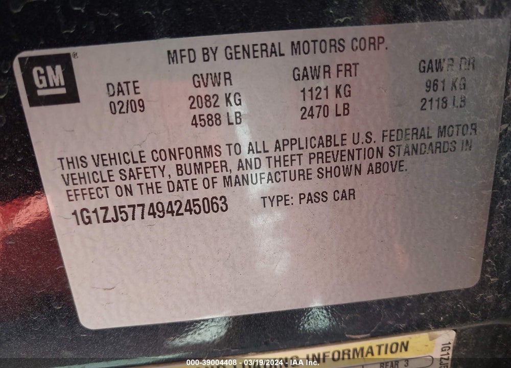 2009 CHEVROLET MALIBU LT VIN: 1G1ZJ577494245063