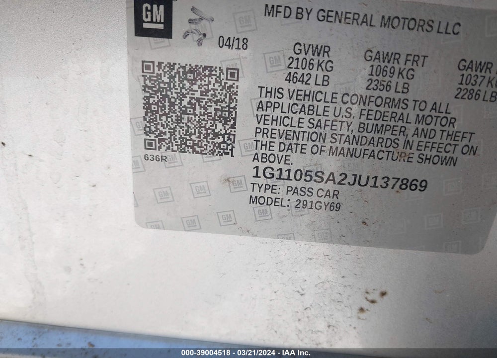 2018 CHEVROLET IMPALA LT VIN: 1G1105SA2JU137869