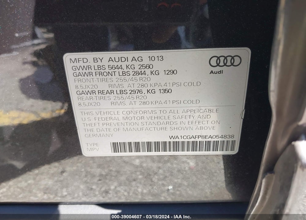 2014 AUDI SQ5 3.0T PREMIUM PLUS VIN: WA1CGAFP8EA054838