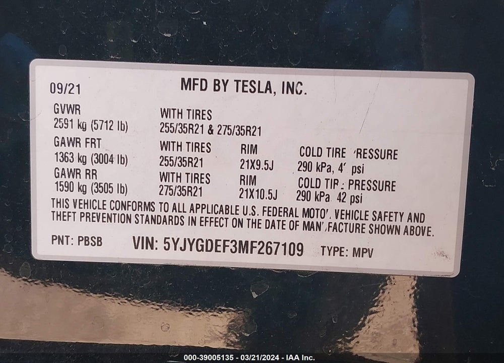 2021 TESLA MODEL Y PERFORMANCE DUAL MOTOR ALL-WHEEL DRIVE VIN: 5YJYGDEF3MF267109