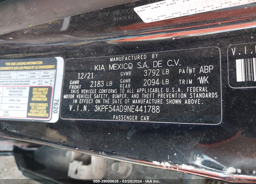 2022 KIA FORTE GT LINE VIN: 3KPF54AD9NE441788