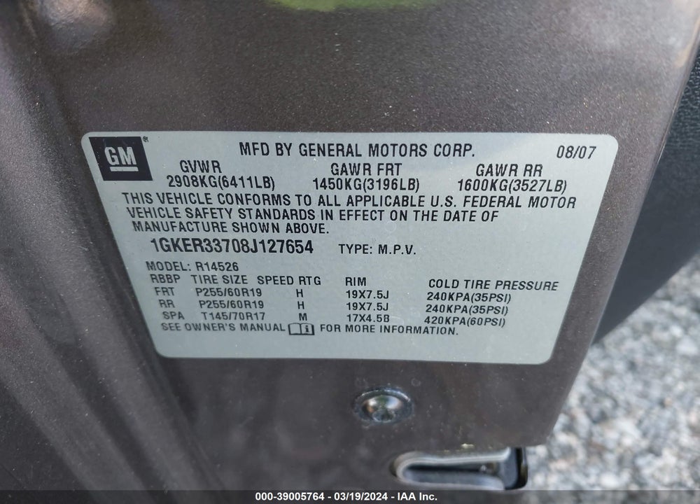 2008 GMC ACADIA SLT-2 VIN: 1GKER33708J127654