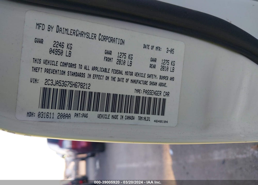 2005 CHRYSLER 300 TOURING VIN: 2C3JA53G75H678212
