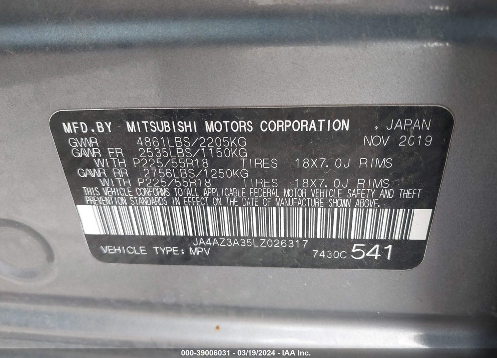 2020 MITSUBISHI OUTLANDER ES 2.4 S-AWC VIN: JA4AZ3A35LZ026317