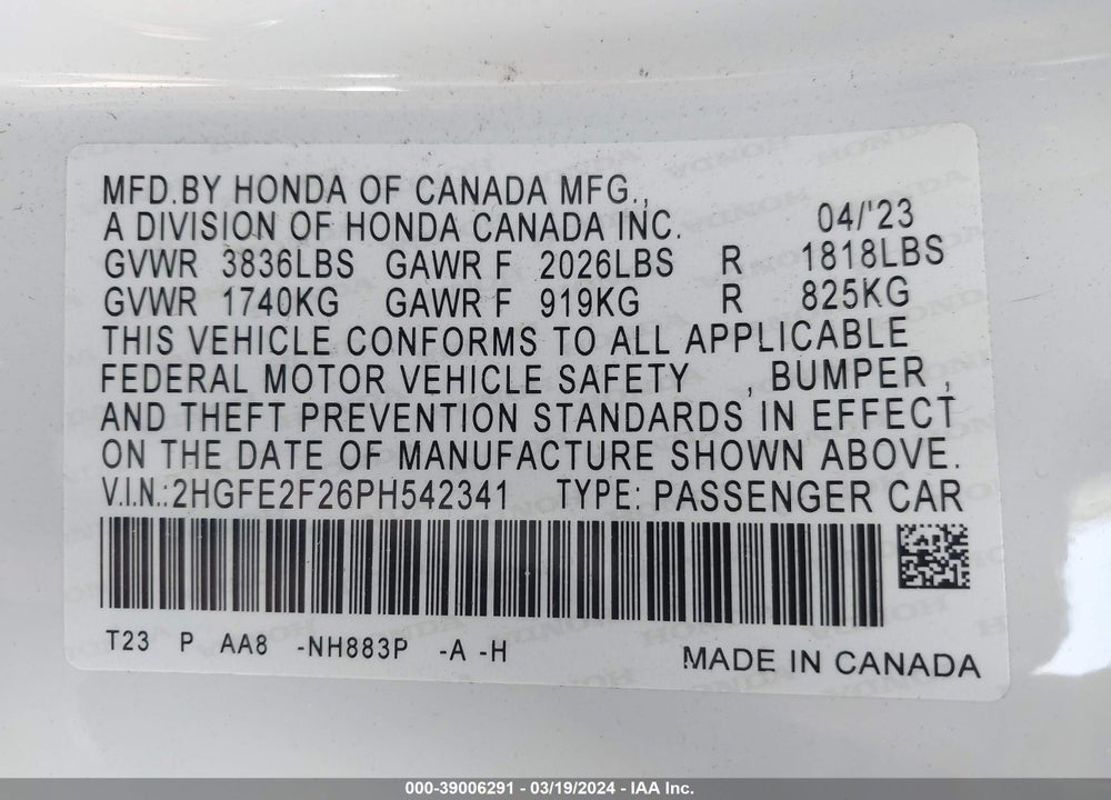 2023 HONDA CIVIC LX VIN: 2HGFE2F26PH542341