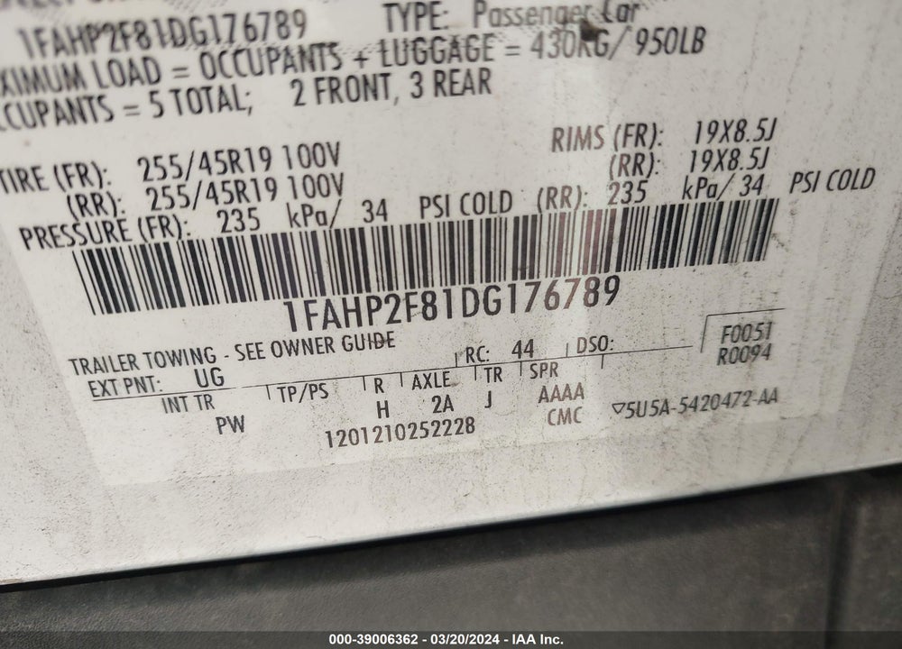 2013 FORD TAURUS LIMITED VIN: 1FAHP2F81DG176789