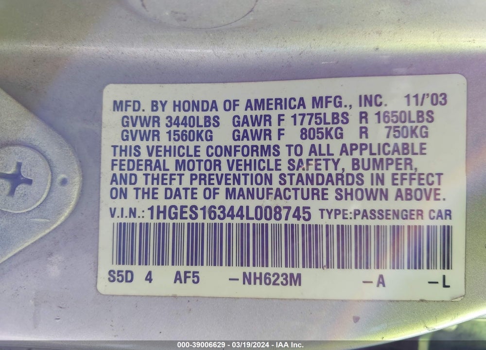2004 HONDA CIVIC VP VIN: 1HGES16344L008745