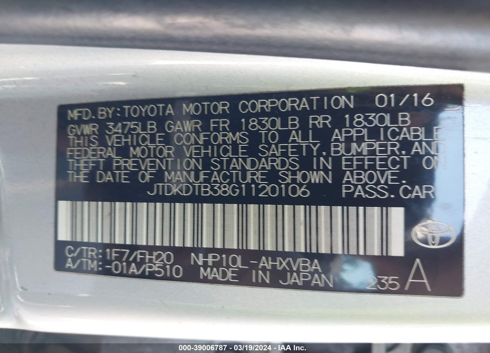 2016 TOYOTA PRIUS C ONE VIN: JTDKDTB38G1120106