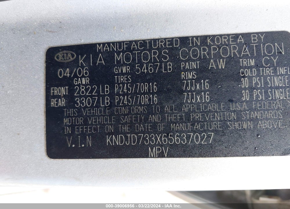2006 KIA SORENTO EX/LX VIN: KNDJD733X65637027