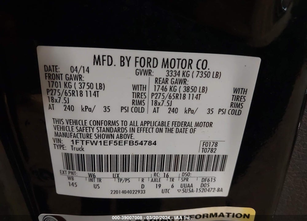 2014 FORD F-150 XLT VIN: 1FTFW1EF5EFB54784