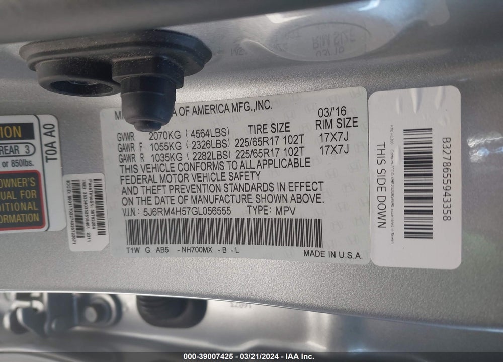 2016 HONDA CR-V EX VIN: 5J6RM4H57GL056555