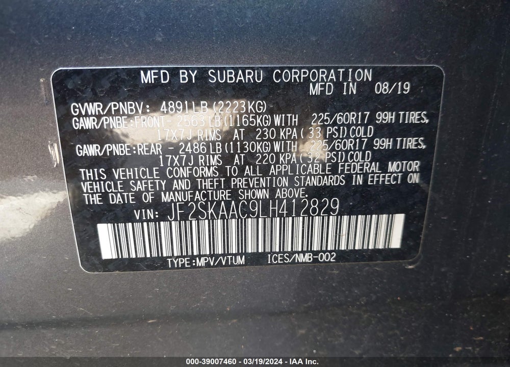 2020 SUBARU FORESTER VIN: JF2SKAAC9LH412829