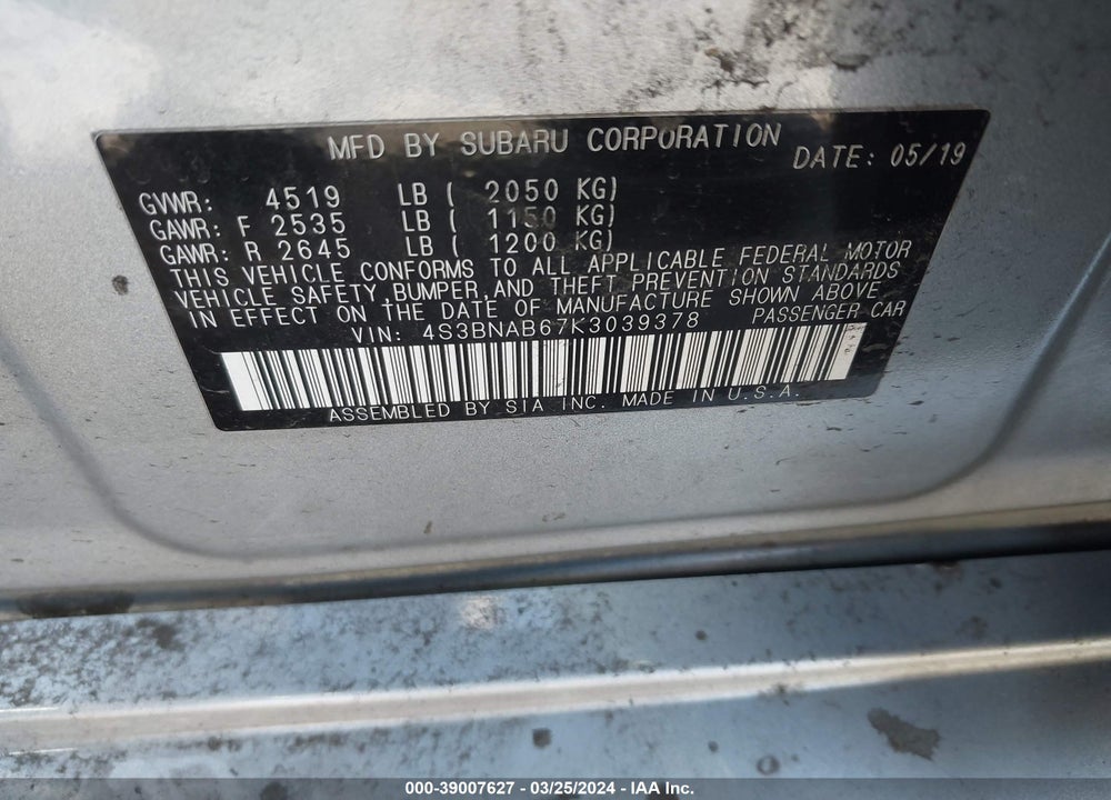 2019 SUBARU LEGACY 2.5I VIN: 4S3BNAB67K3039378