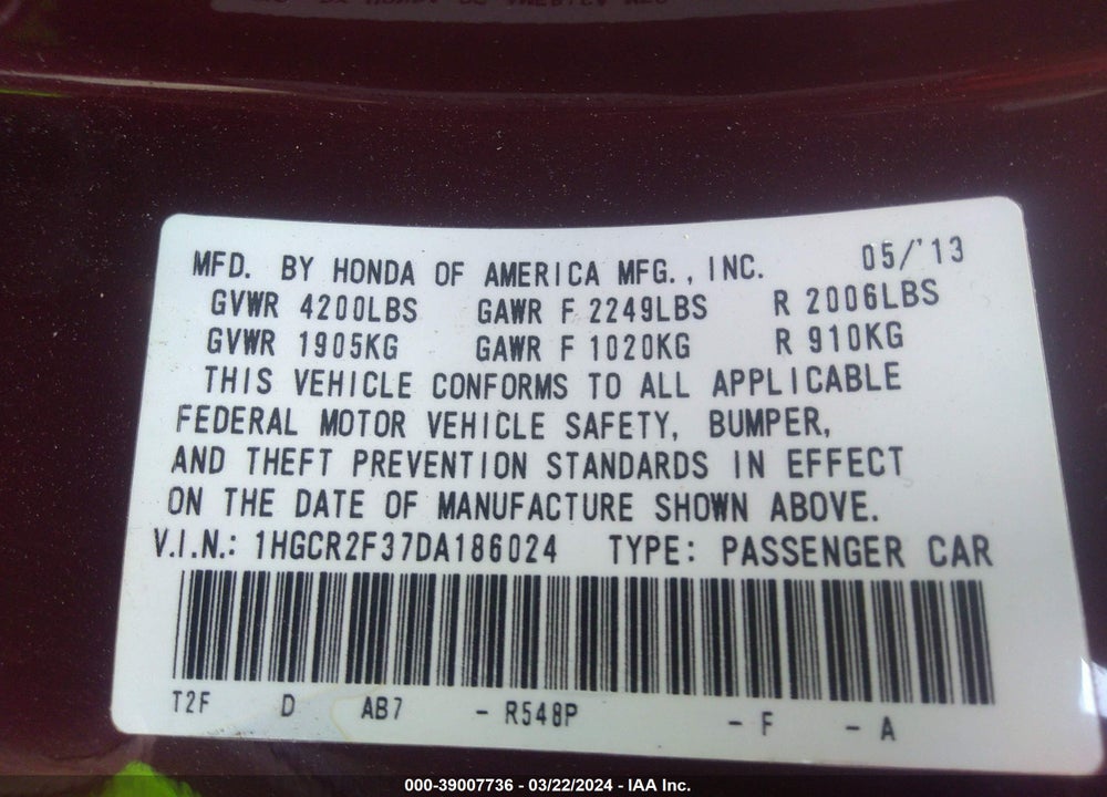 2013 HONDA ACCORD LX VIN: 1HGCR2F37DA186024