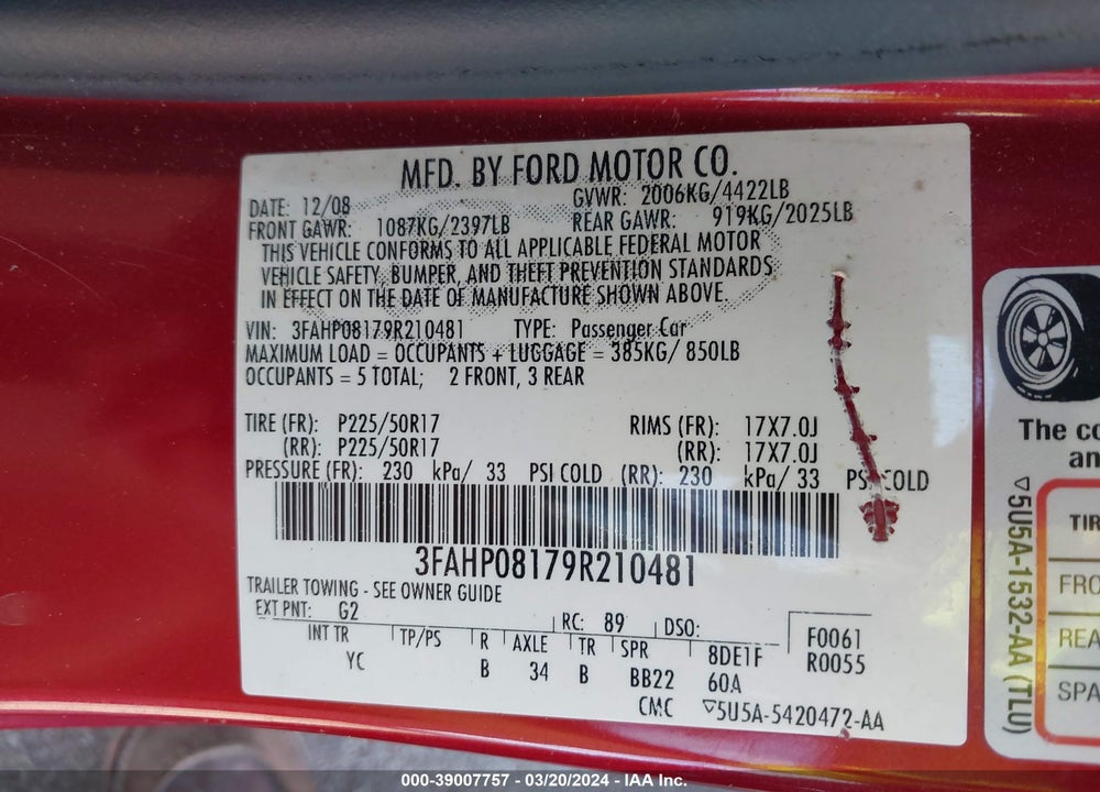 2009 FORD FUSION SEL VIN: 3FAHP08179R210481