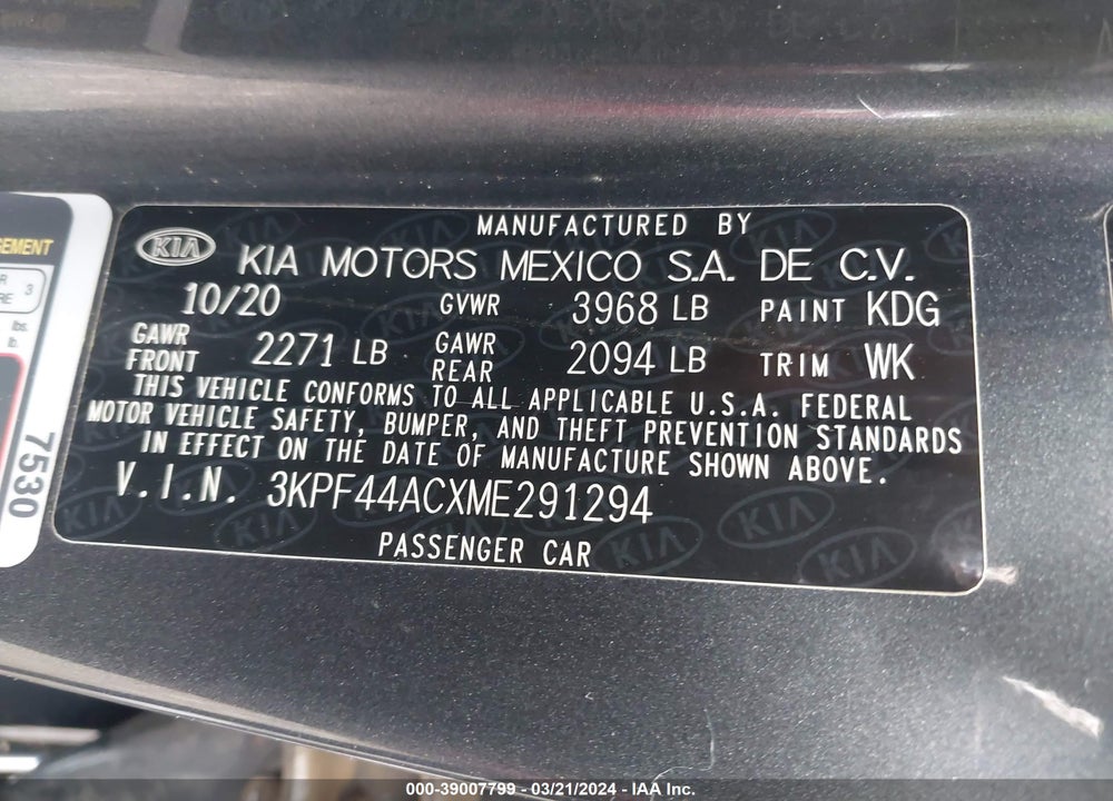 2021 KIA FORTE GT VIN: 3KPF44ACXME291294