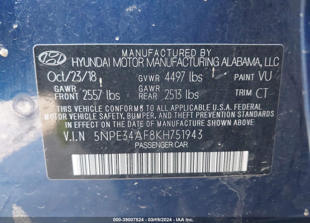 2019 HYUNDAI SONATA SPORT VIN: 5NPE34AF8KH751943