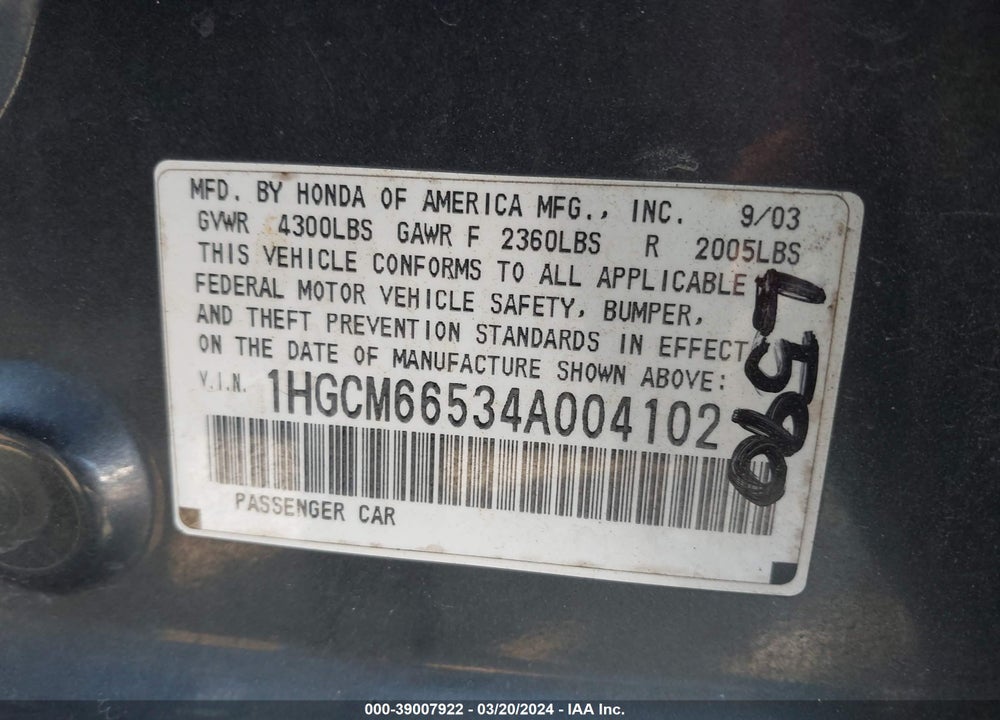 2004 HONDA ACCORD 3.0 EX VIN: 1HGCM66534A004102