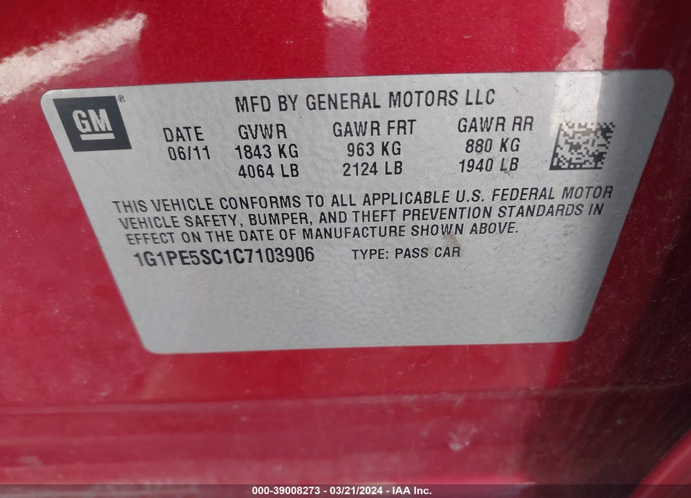 2012 CHEVROLET CRUZE LT VIN: 1G1PE5SC1C7103906