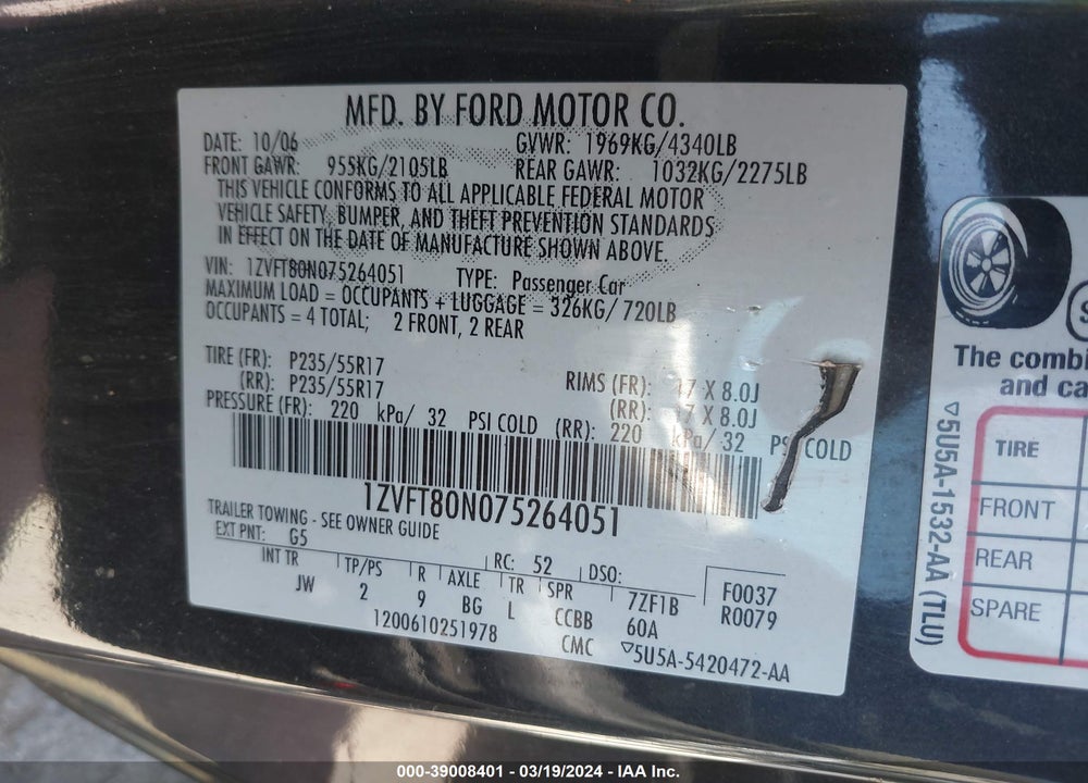 2007 FORD MUSTANG V6 DELUXE/V6 PREMIUM VIN: 1ZVFT80N075264051