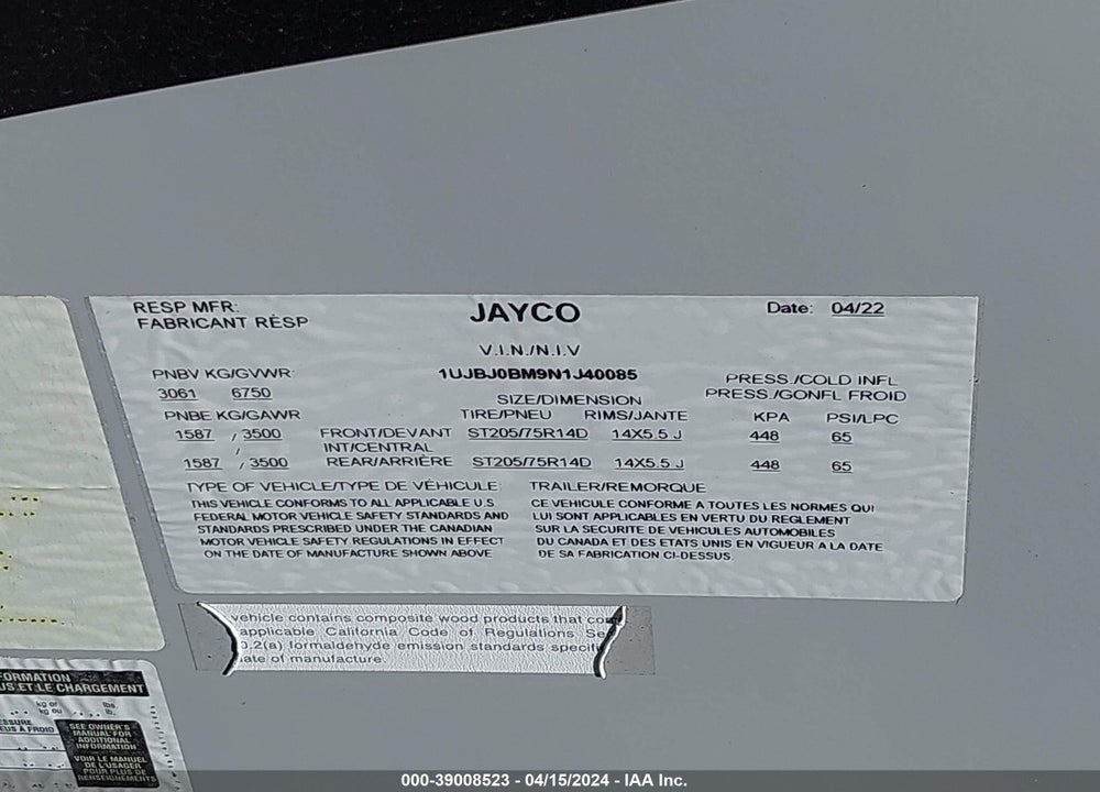 2022 JAYCO JAY FEATHER 22RB VIN: 1UJBJ0BM9N1J40085