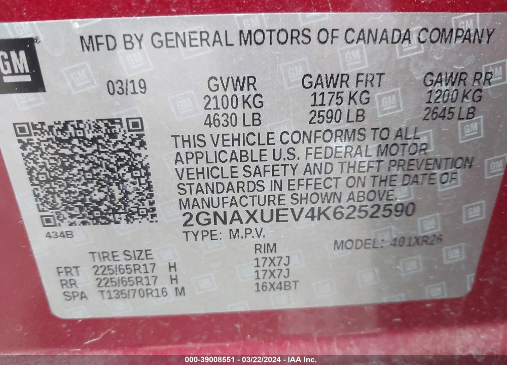 2019 CHEVROLET EQUINOX LT VIN: 2GNAXUEV4K6252590