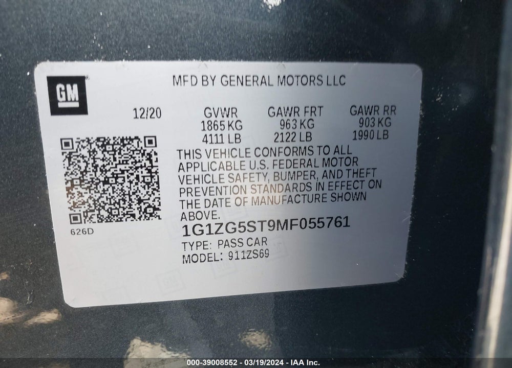 2021 CHEVROLET MALIBU FWD RS VIN: 1G1ZG5ST9MF055761