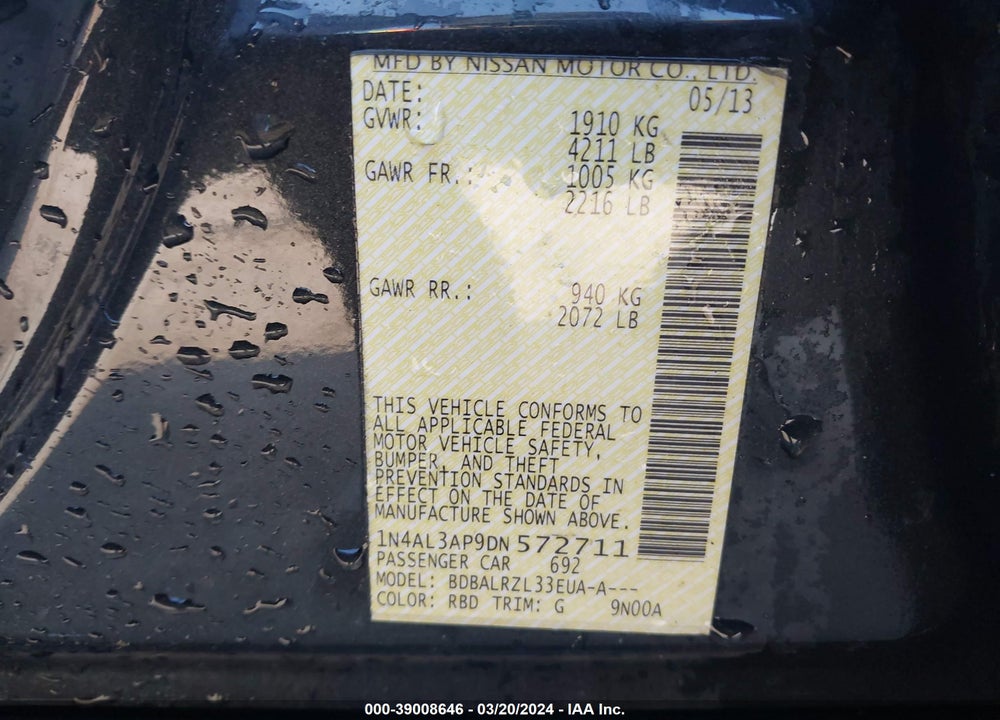 2013 NISSAN ALTIMA 2.5 S VIN: 1N4AL3AP9DN572711