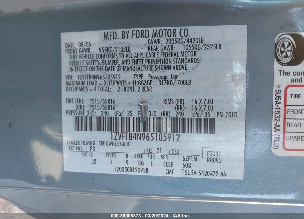 2006 FORD MUSTANG V6 VIN: 1ZVFT84N965105912