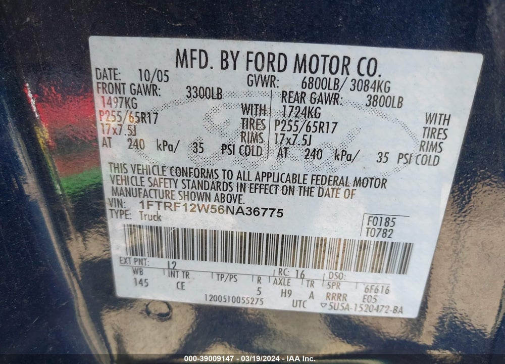 2006 FORD F-150 STX/XL/XLT VIN: 1FTRF12W56NA36775