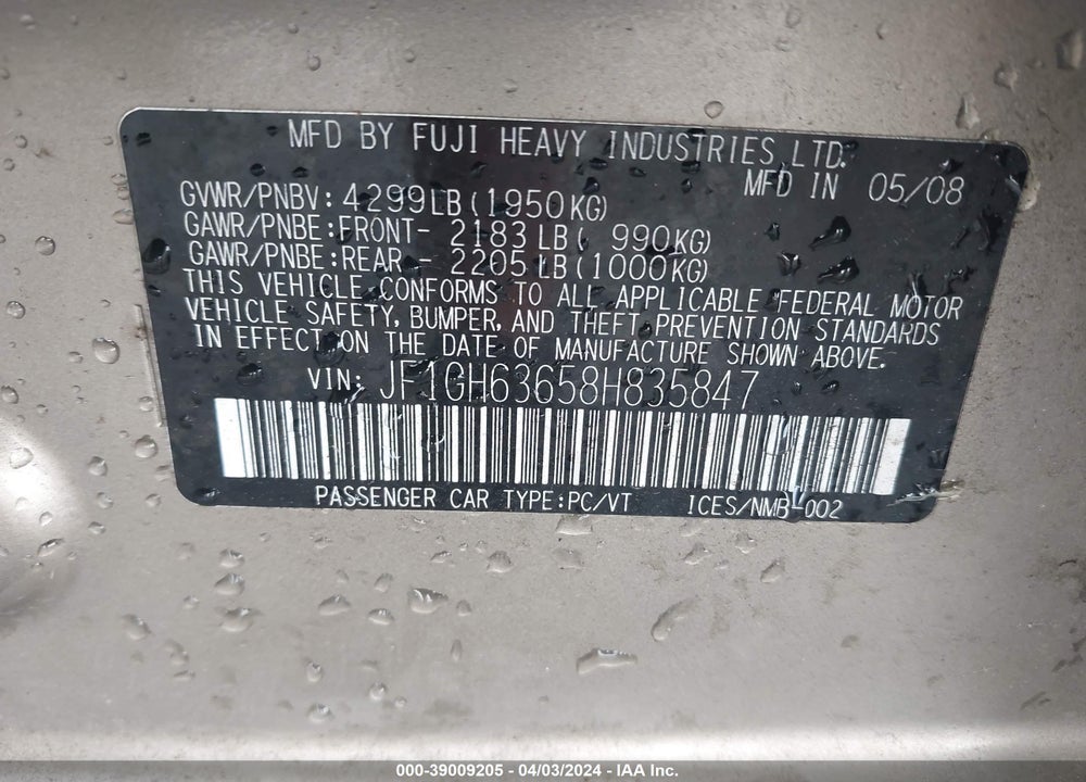 2008 SUBARU IMPREZA OUTBACK SPORT VIN: JF1GH63658H835847
