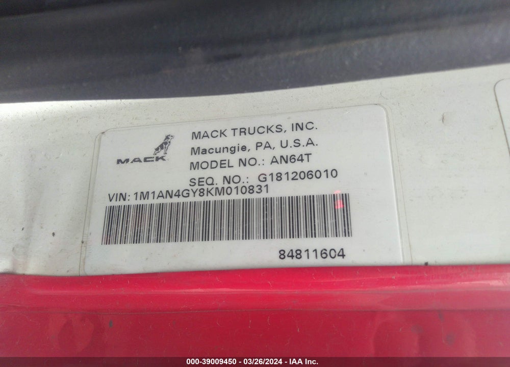 2019 MACK ANTHEM VIN: 1M1AN4GY8KM010831