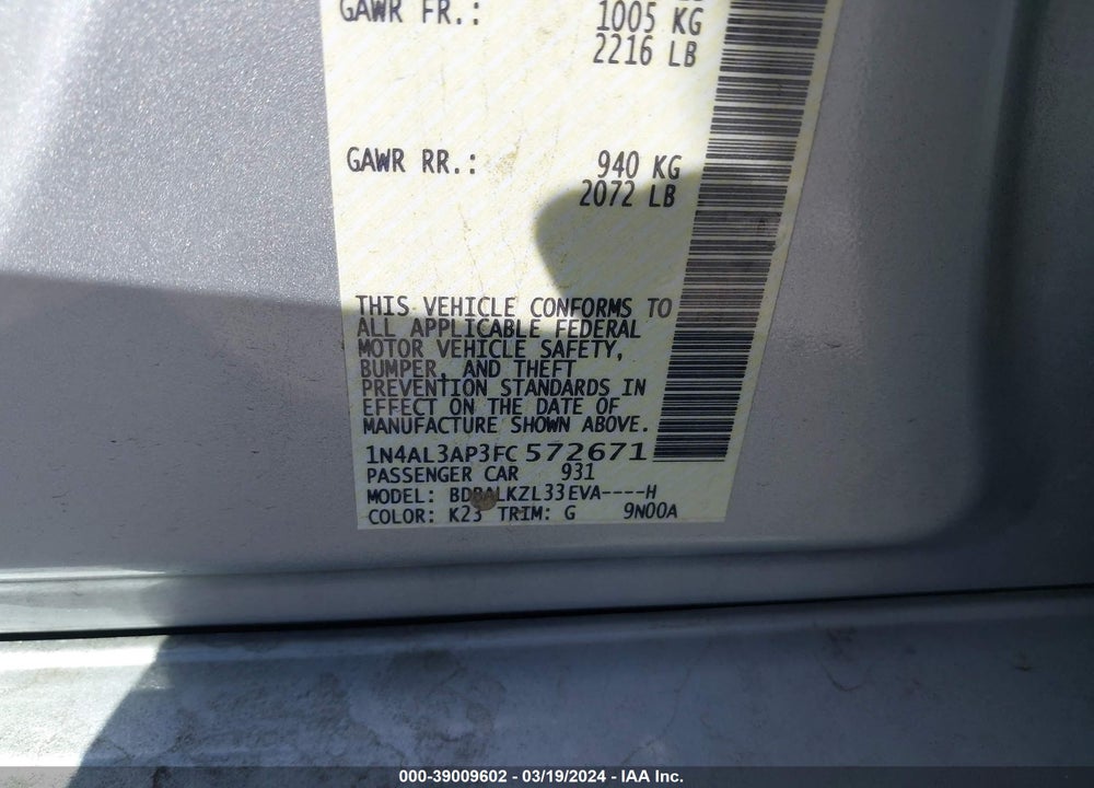 2015 NISSAN ALTIMA 2.5 SV VIN: 1N4AL3AP3FC572671