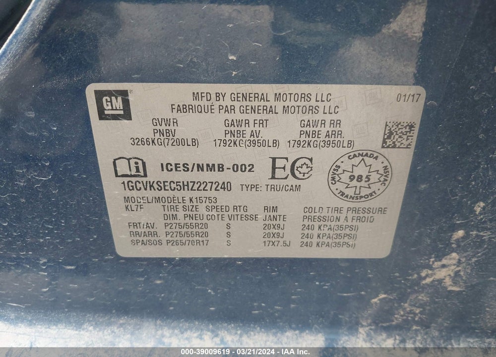 2017 CHEVROLET SILVERADO 1500 1LZ/2LZ VIN: 1GCVKSEC5HZ227240