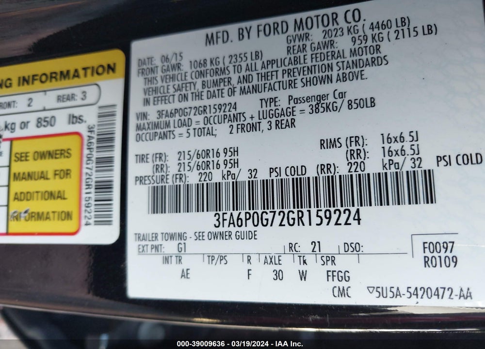 2016 FORD FUSION S VIN: 3FA6P0G72GR159224