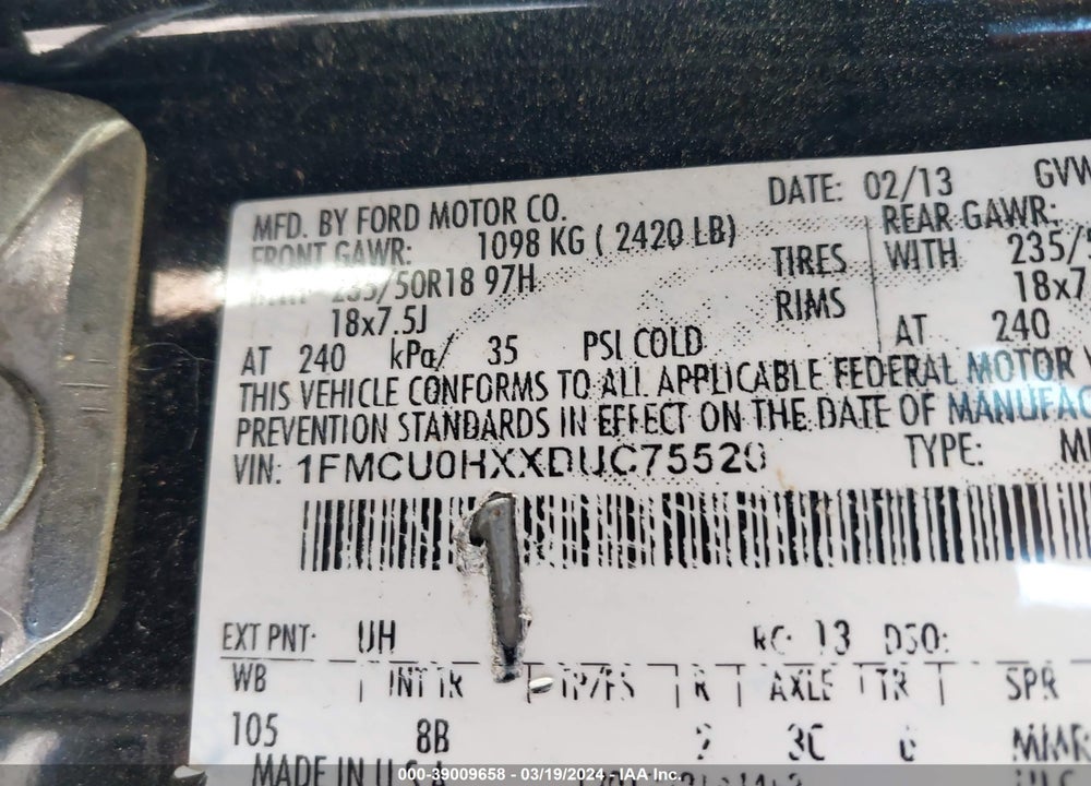 2013 FORD ESCAPE SEL VIN: 1FMCU0HXXDUC75520