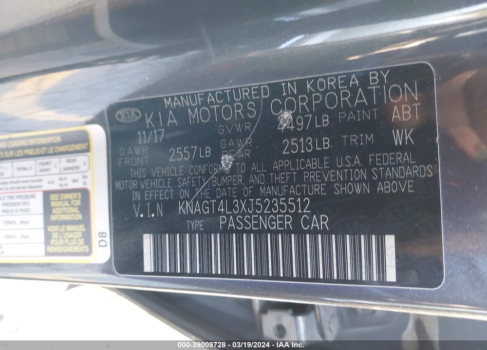 2018 KIA OPTIMA LX VIN: KNAGT4L3XJ5235512