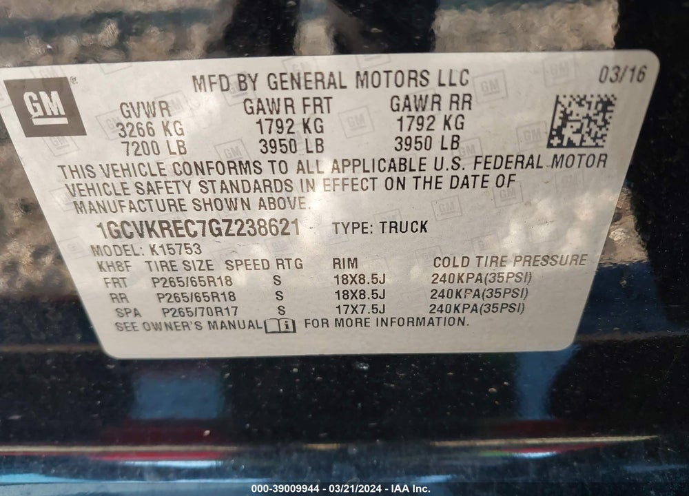 2016 CHEVROLET SILVERADO VIN: 1GCVKREC7GZ238621