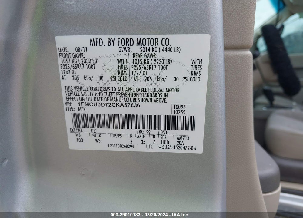 2012 FORD ESCAPE XLT VIN: 1FMCU0D72CKA57636