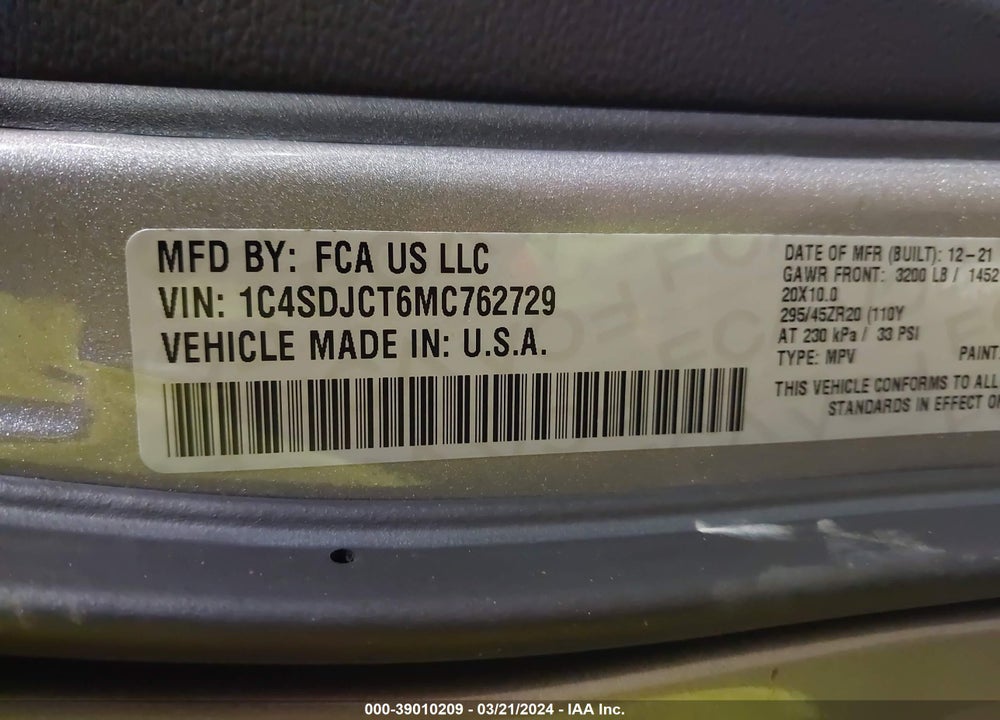 2021 DODGE DURANGO VIN: 1C4SDJCT6MC762729