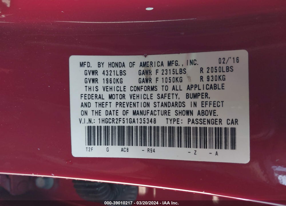 2016 HONDA ACCORD SPORT VIN: 1HGCR2F51GA135348