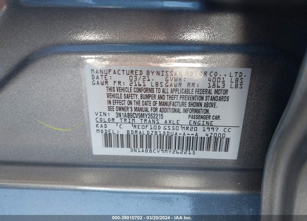 2021 NISSAN SENTRA SV XTRONIC CVT VIN: 3N1AB8CV9MY262215