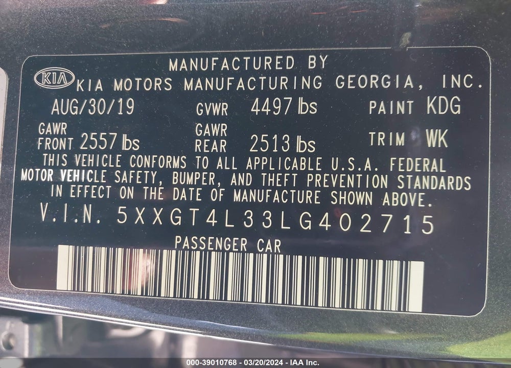 2020 KIA OPTIMA LX VIN: 5XXGT4L33LG402715