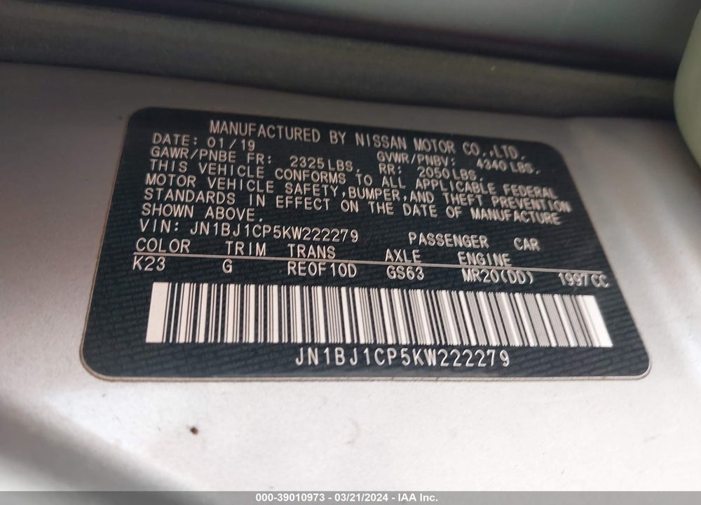 2019 NISSAN ROGUE SPORT S VIN: JN1BJ1CP5KW222279