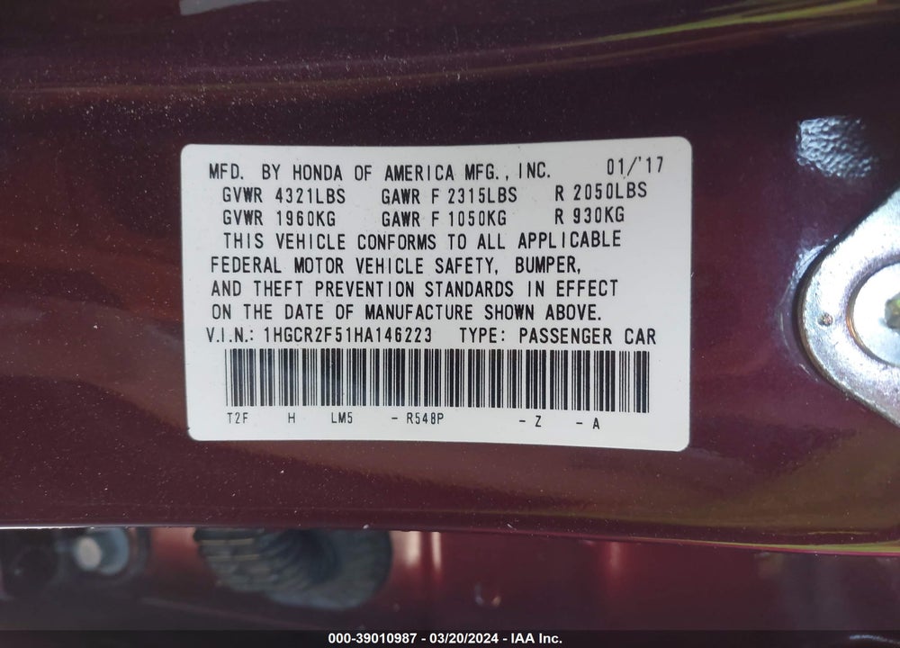 2017 HONDA ACCORD SPORT VIN: 1HGCR2F51HA146223