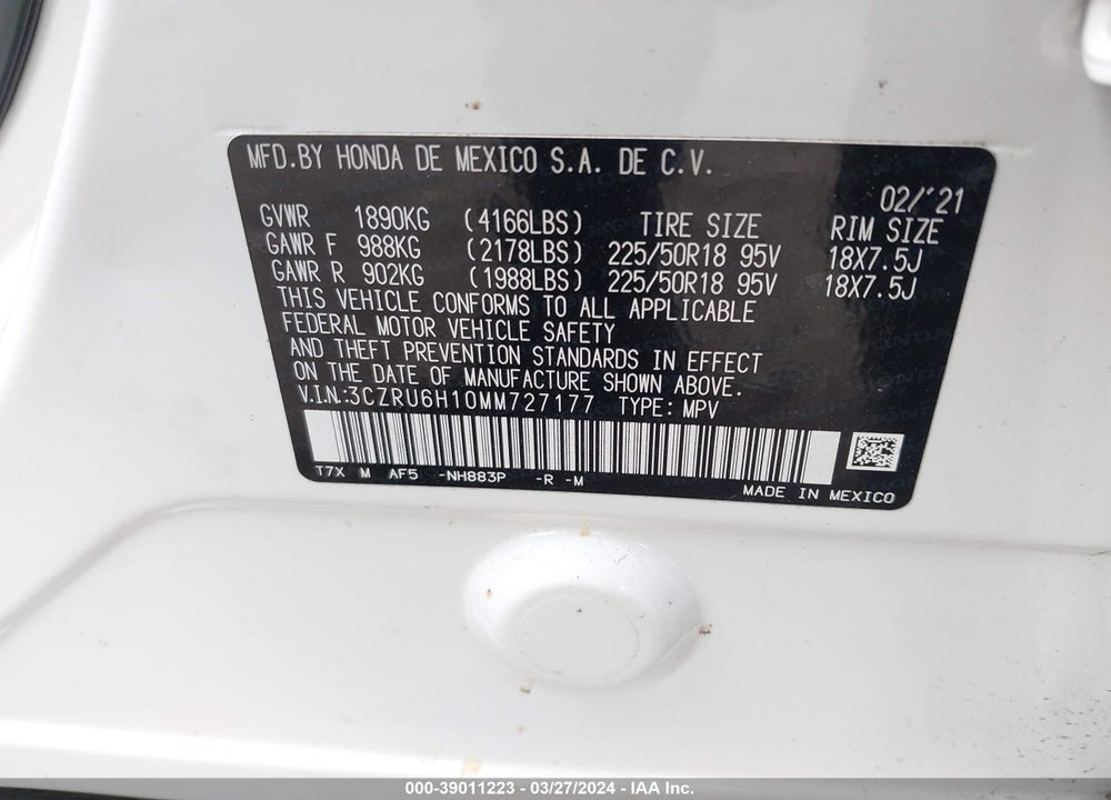 2021 HONDA HR-V AWD SPORT VIN: 3CZRU6H10MM727177