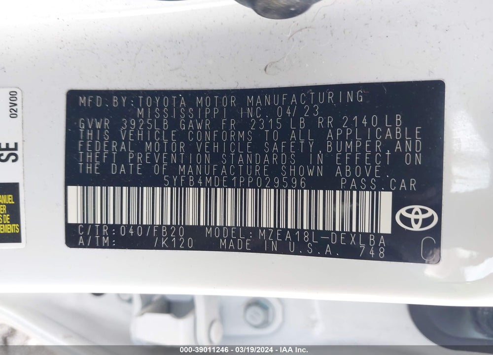 2023 TOYOTA COROLLA LE VIN: 5YFB4MDE1PP029596
