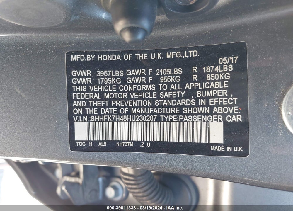 2017 HONDA CIVIC SPORT VIN: SHHFK7H48HU230207